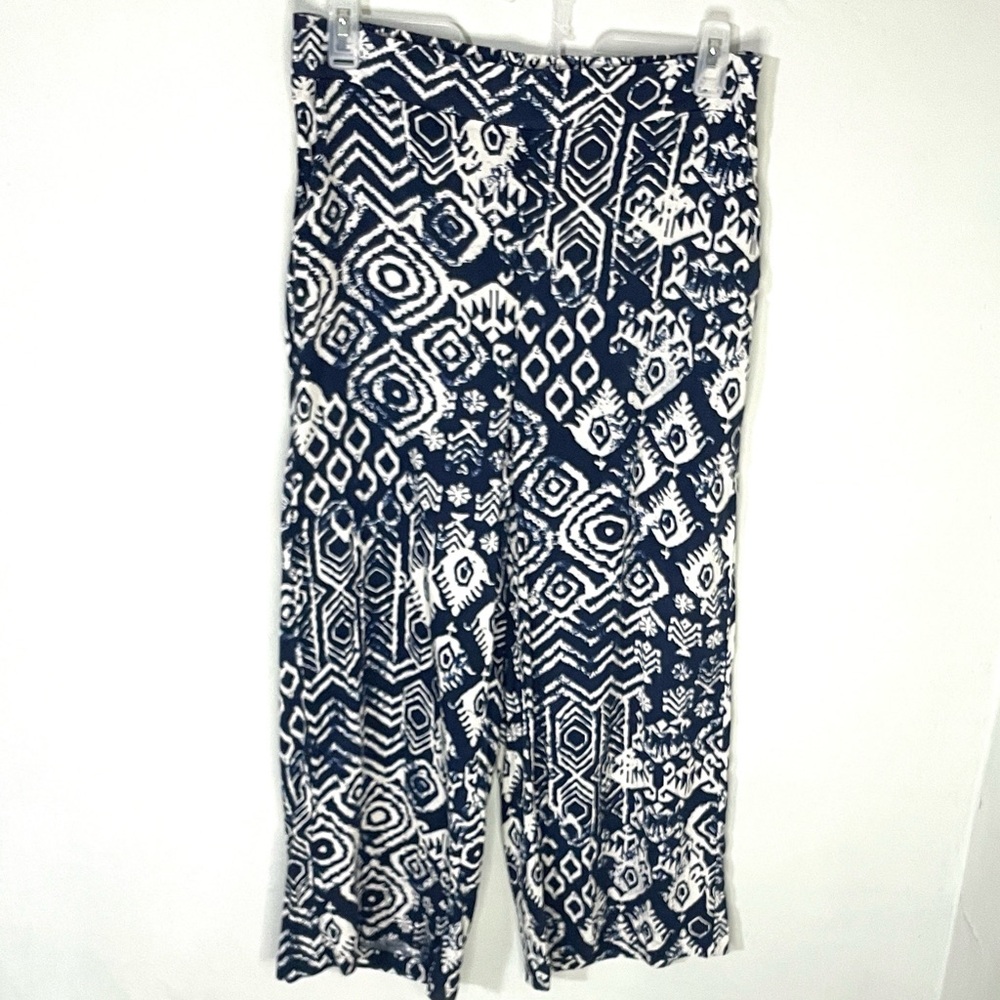 Haute Hippie Navy and White Abstract Ikat Print Wide Leg Pants XL